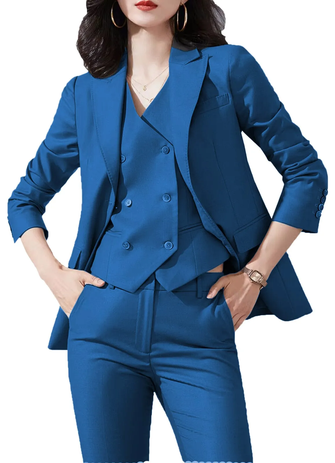 3 Piece Business Casual Slim Fit Peak Lapel Women Suit (Blazer Vest Pants)