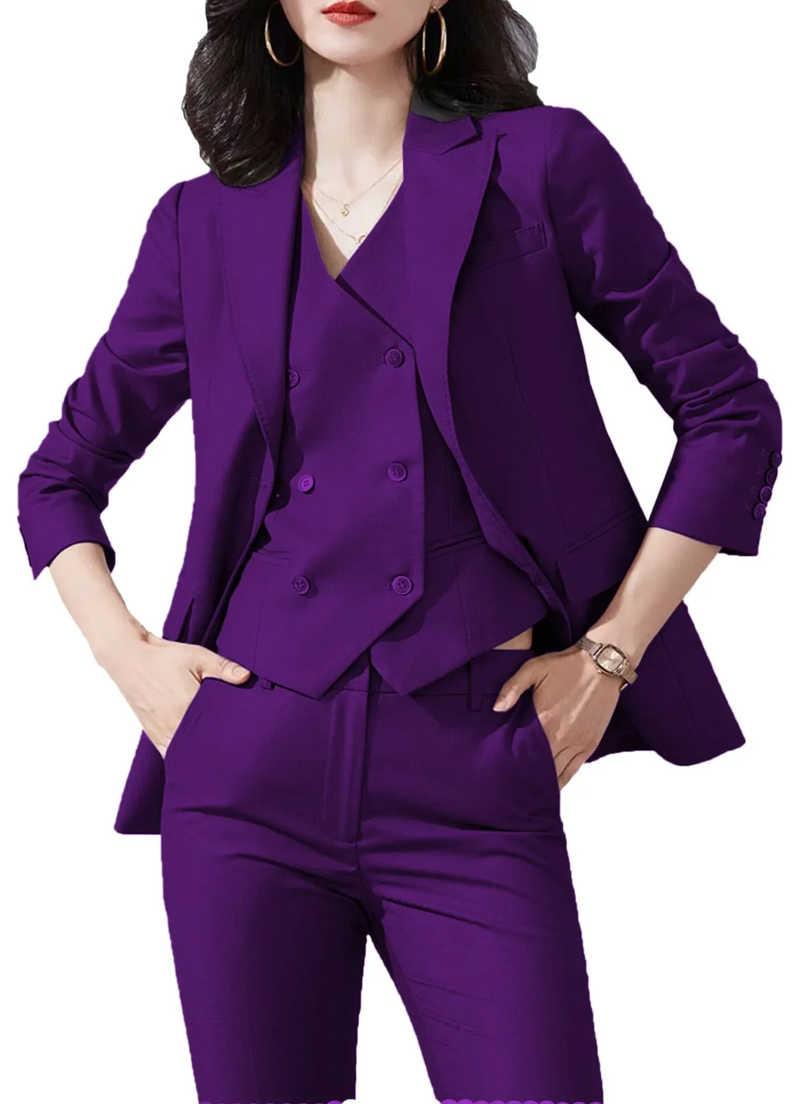 3 Piece Business Casual Slim Fit Peak Lapel Women Suit (Blazer Vest Pants)