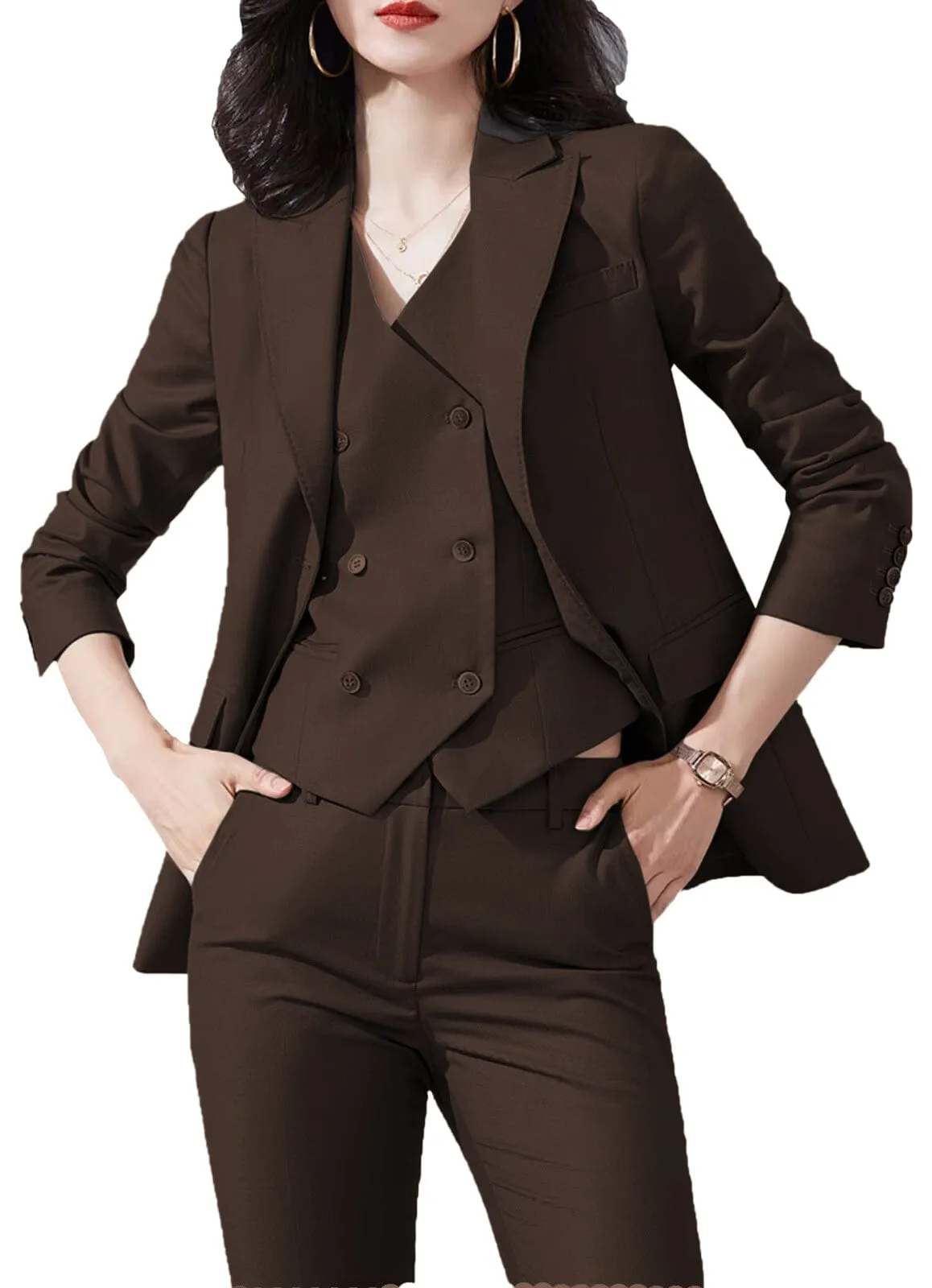 3 Piece Business Casual Slim Fit Peak Lapel Women Suit (Blazer Vest Pants)