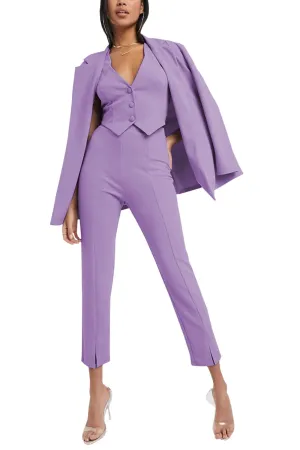 3 Piece Buttonless Peak Lapel Belted Waist Women's Suit (Blazer Vest Pants)