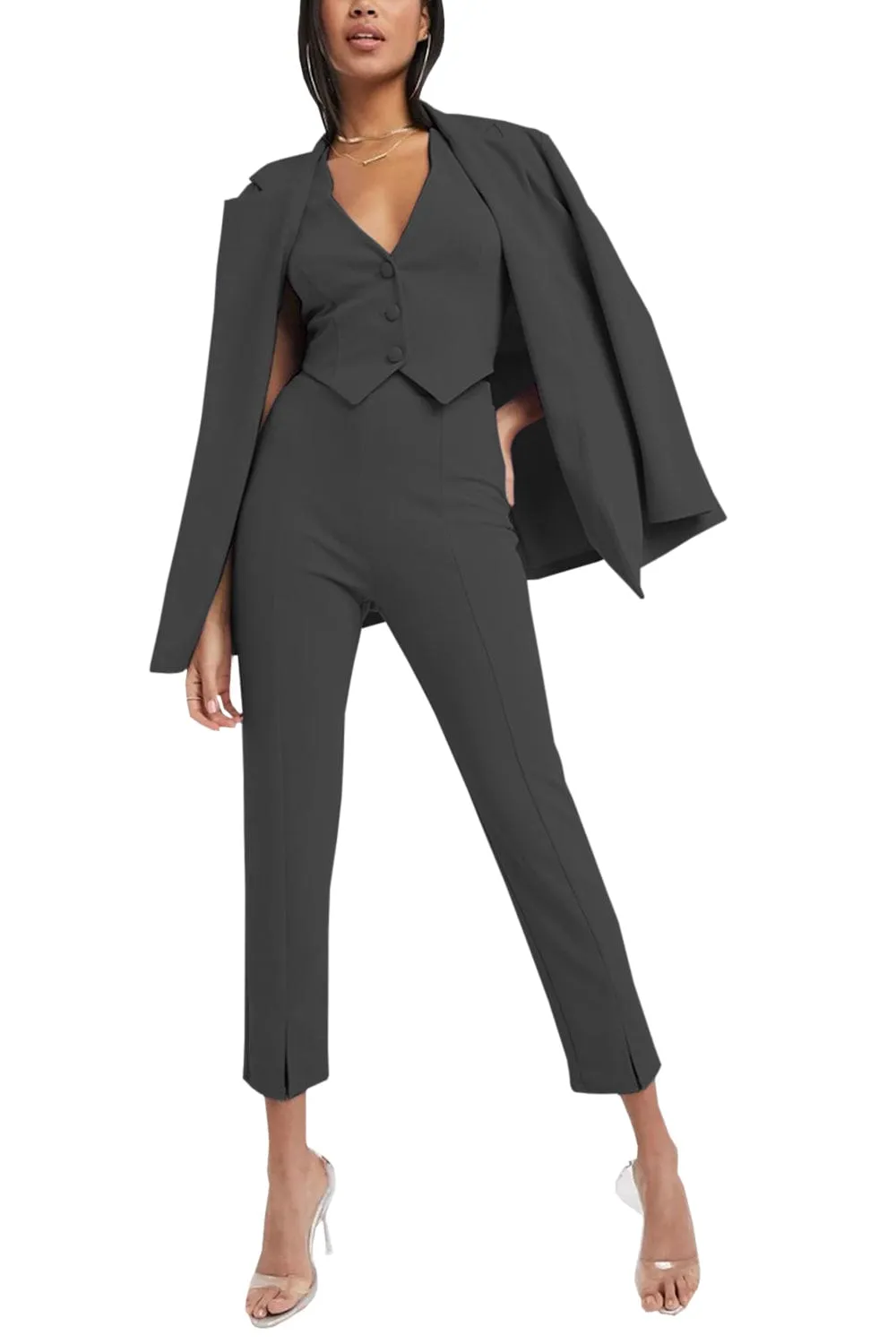 3 Piece Buttonless Peak Lapel Belted Waist Women's Suit (Blazer Vest Pants)