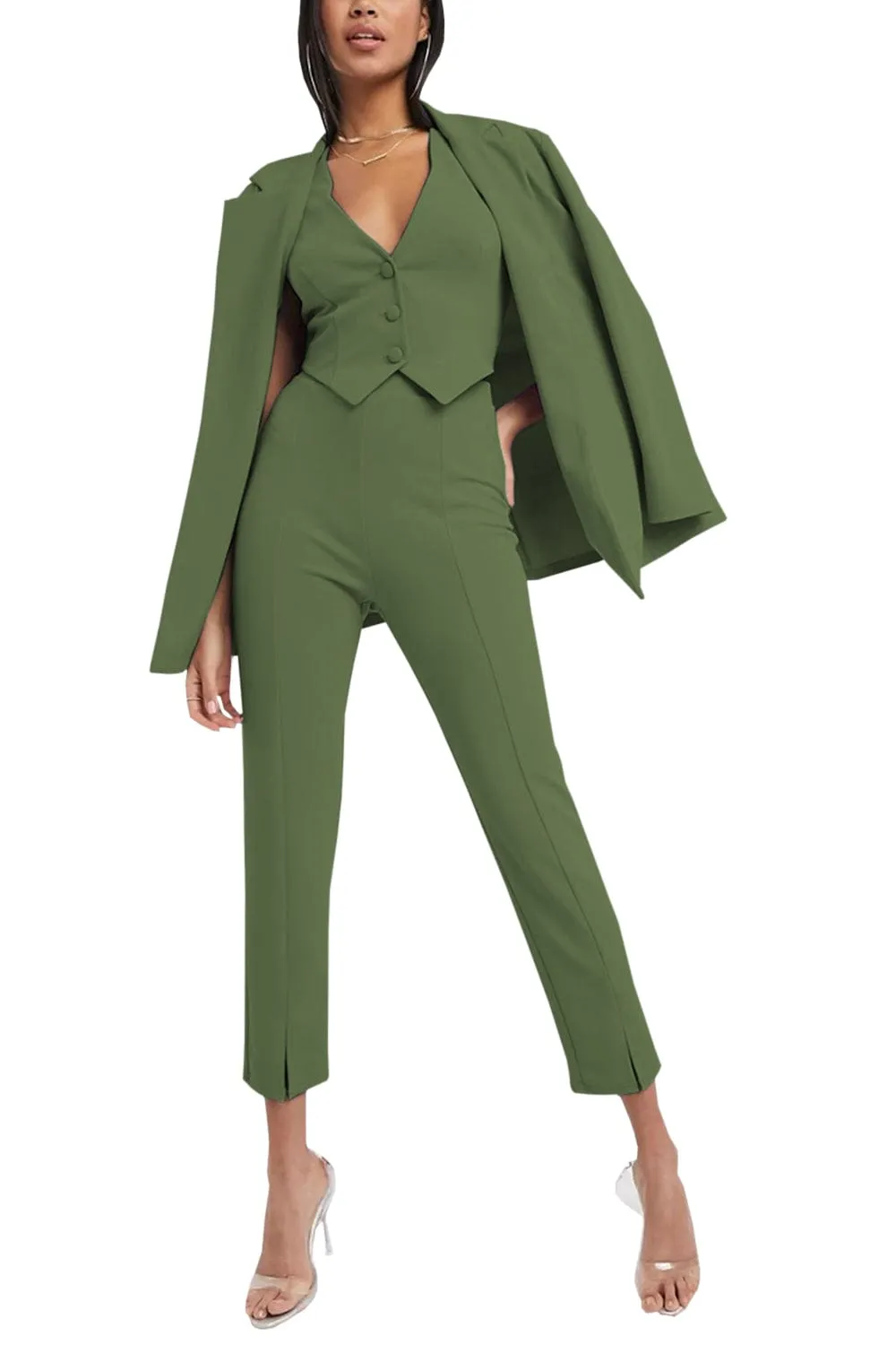 3 Piece Buttonless Peak Lapel Belted Waist Women's Suit (Blazer Vest Pants)