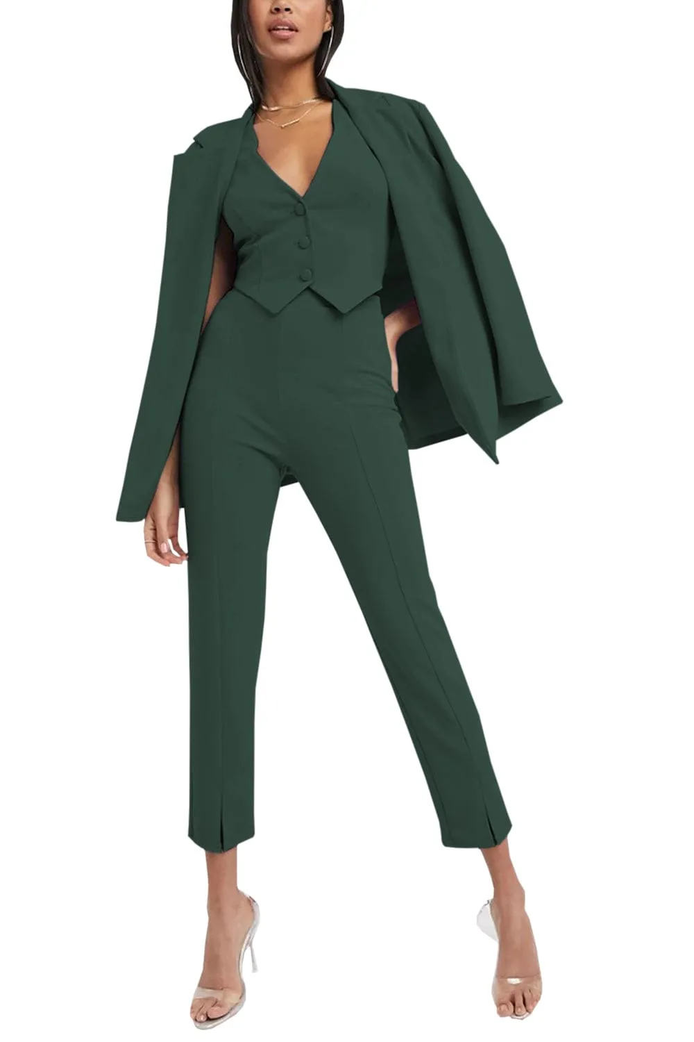 3 Piece Buttonless Peak Lapel Belted Waist Women's Suit (Blazer Vest Pants)