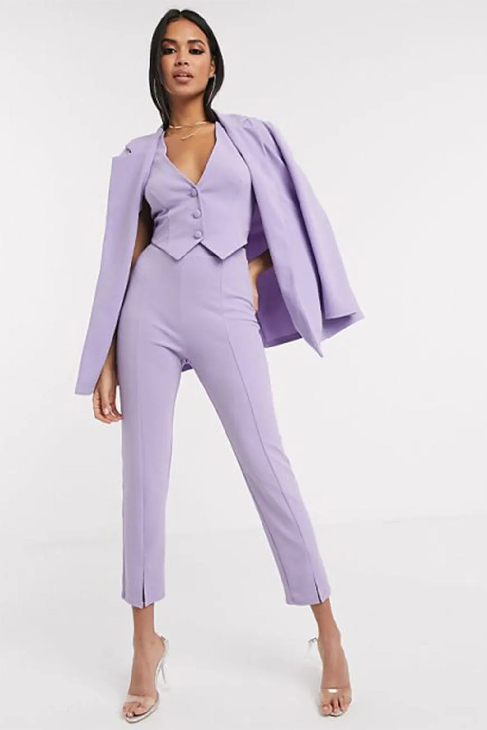 3 Piece Buttonless Peak Lapel Belted Waist Women's Suit (Blazer Vest Pants)