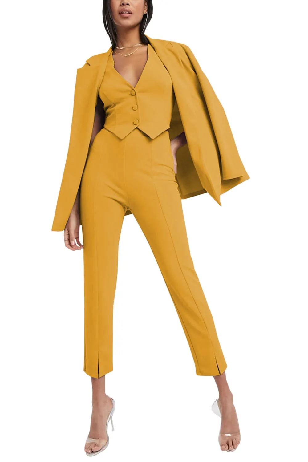 3 Piece Buttonless Peak Lapel Belted Waist Women's Suit (Blazer Vest Pants)
