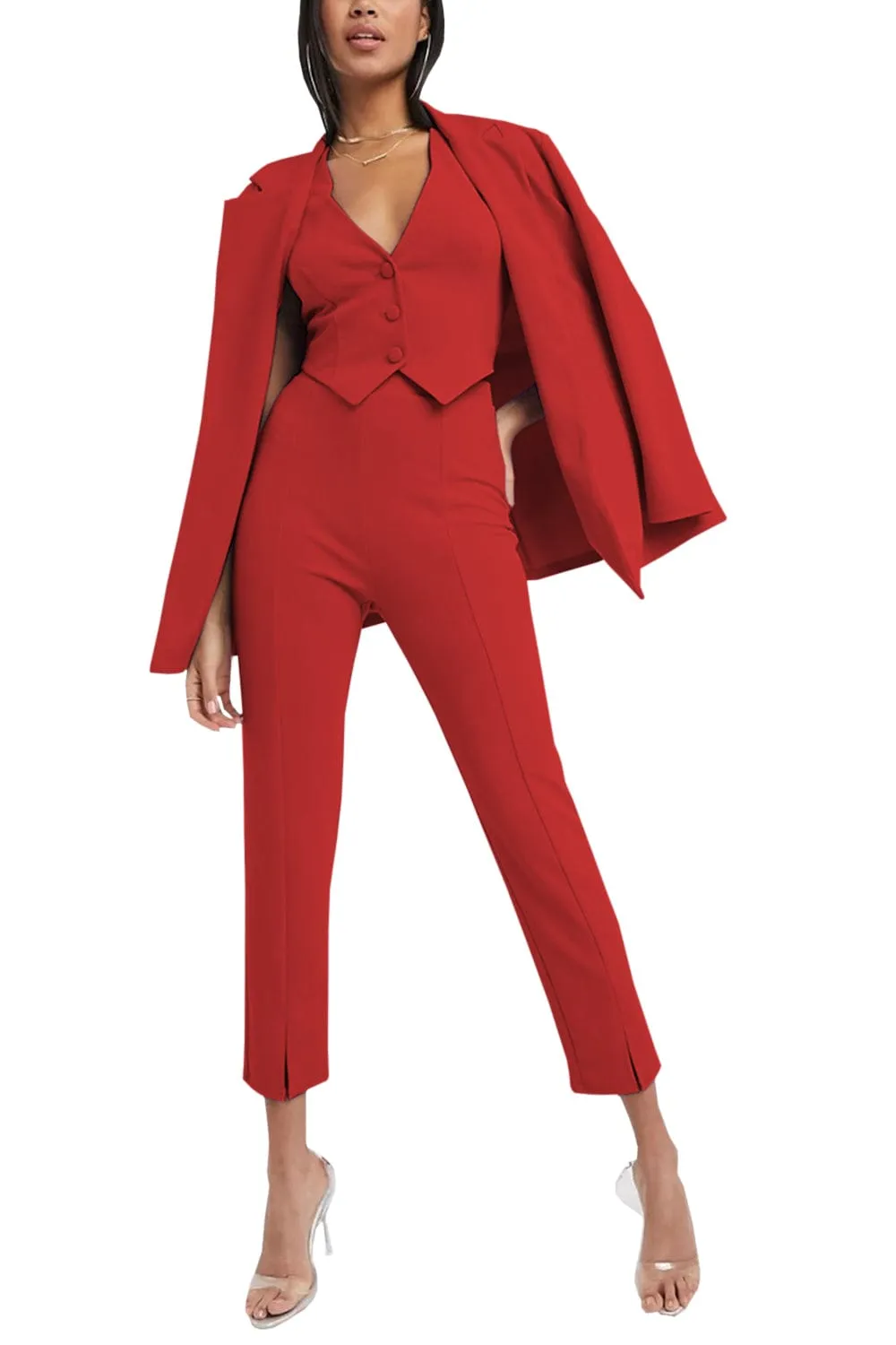 3 Piece Buttonless Peak Lapel Belted Waist Women's Suit (Blazer Vest Pants)