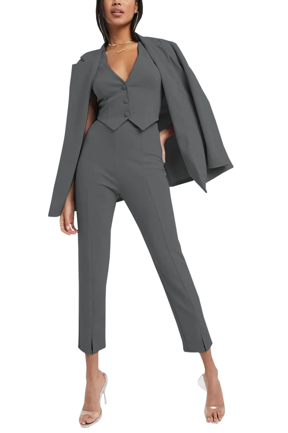 3 Piece Buttonless Peak Lapel Belted Waist Women's Suit (Blazer Vest Pants)