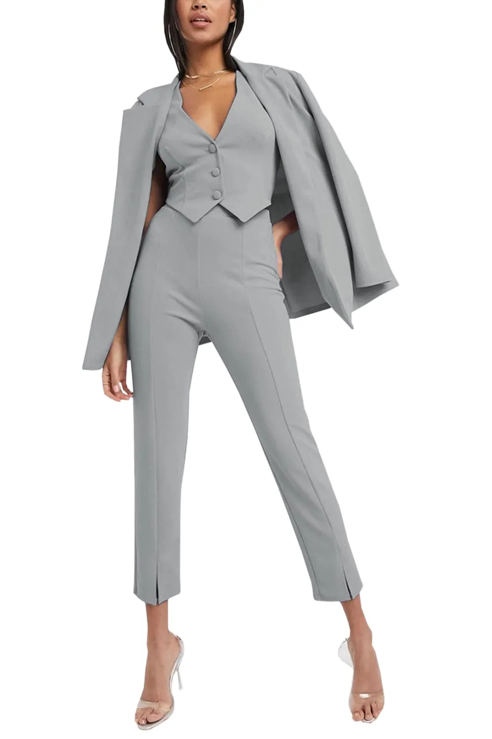 3 Piece Buttonless Peak Lapel Belted Waist Women's Suit (Blazer Vest Pants)
