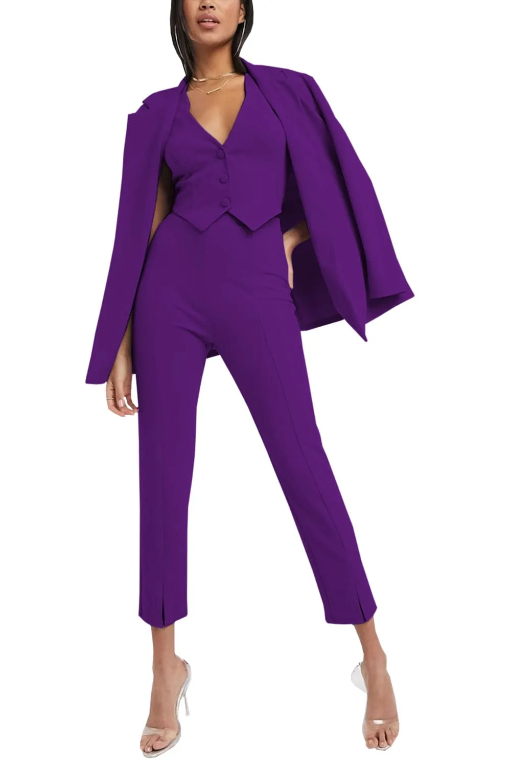 3 Piece Buttonless Peak Lapel Belted Waist Women's Suit (Blazer Vest Pants)