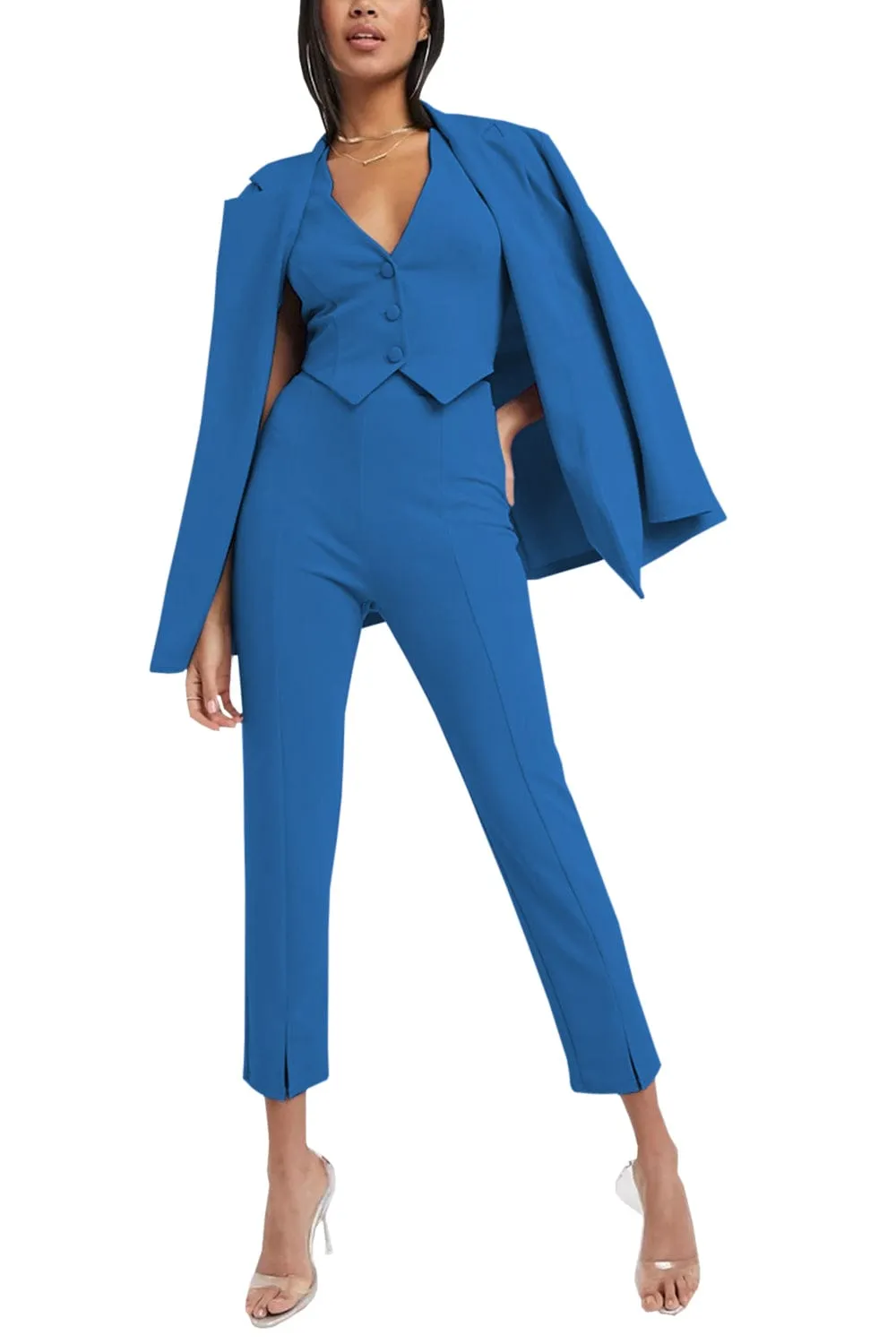 3 Piece Buttonless Peak Lapel Belted Waist Women's Suit (Blazer Vest Pants)