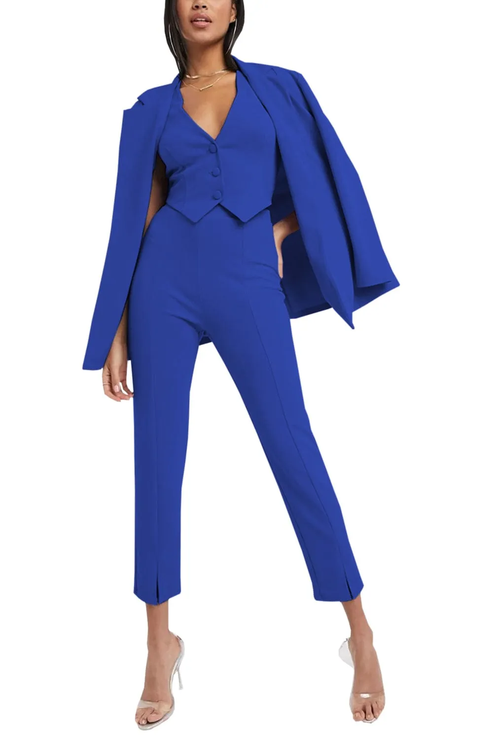 3 Piece Buttonless Peak Lapel Belted Waist Women's Suit (Blazer Vest Pants)