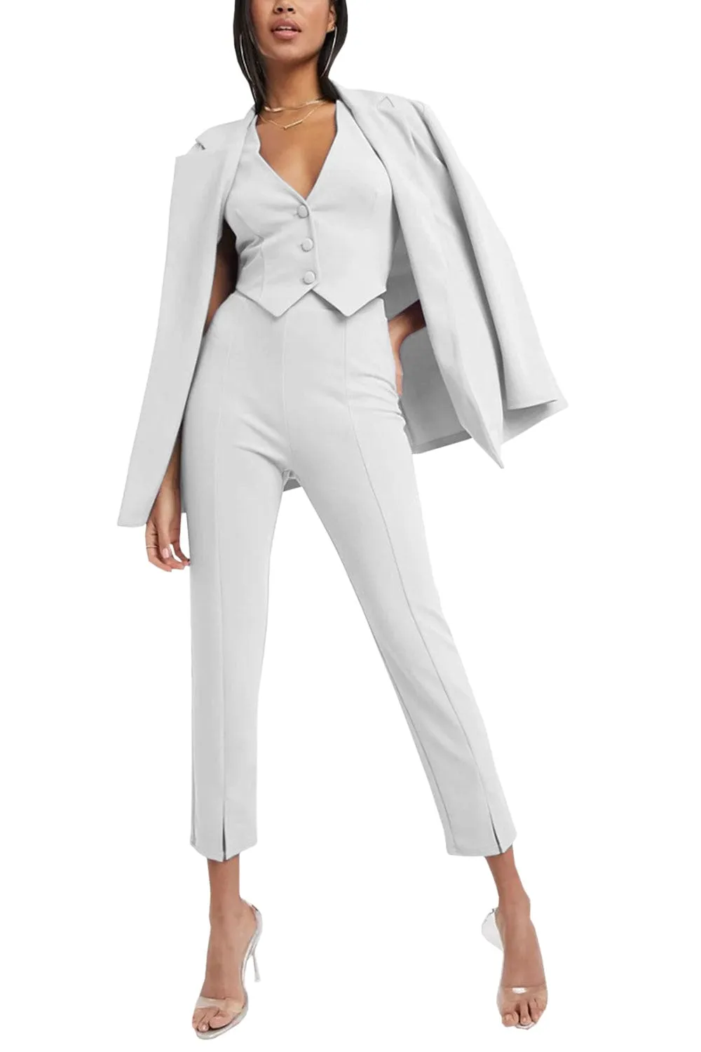 3 Piece Buttonless Peak Lapel Belted Waist Women's Suit (Blazer Vest Pants)