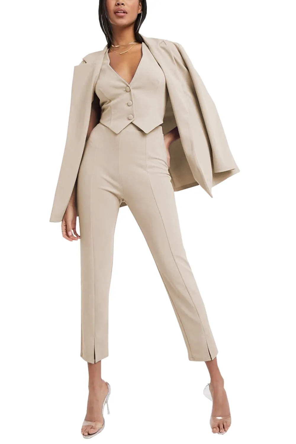3 Piece Buttonless Peak Lapel Belted Waist Women's Suit (Blazer Vest Pants)