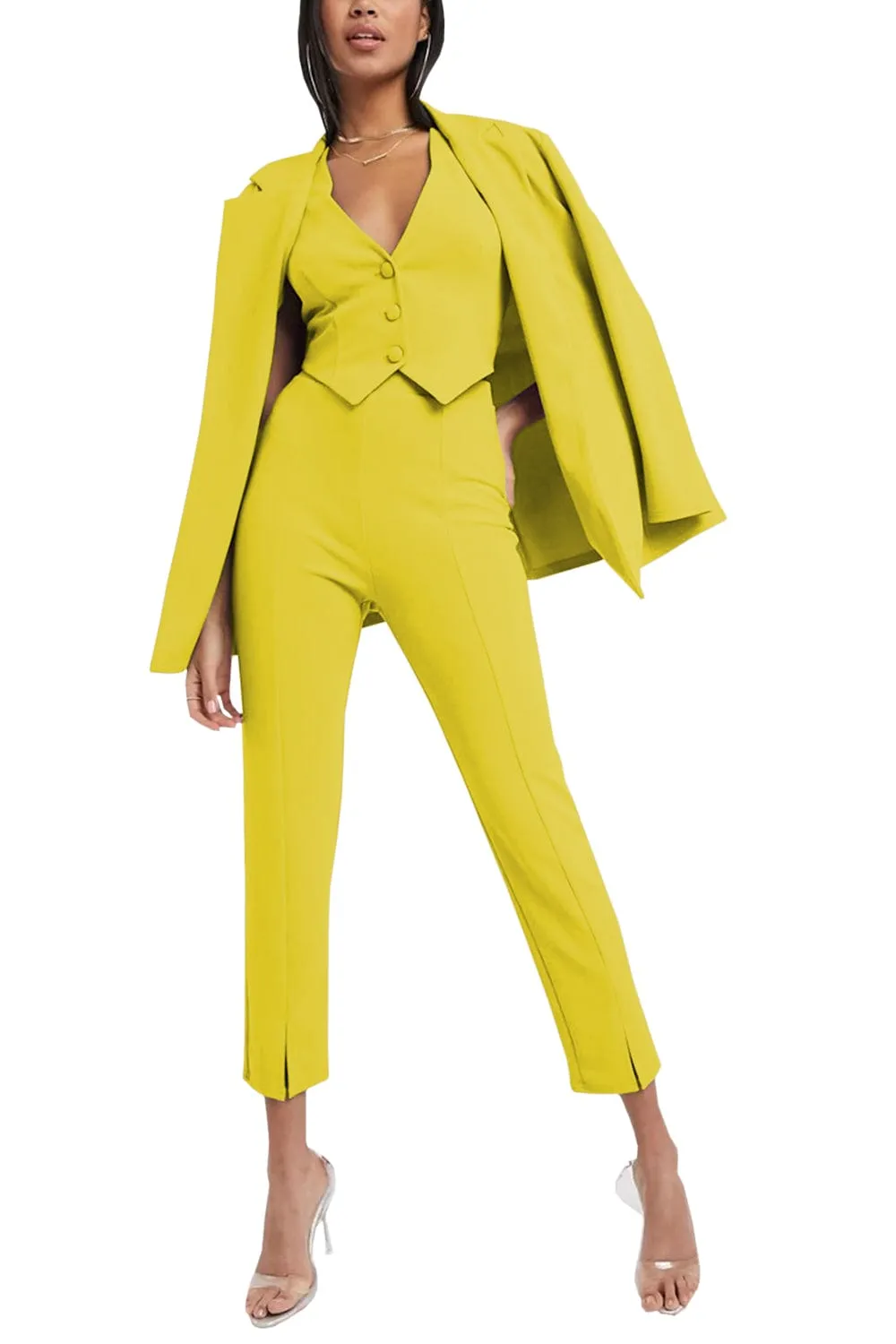 3 Piece Buttonless Peak Lapel Belted Waist Women's Suit (Blazer Vest Pants)