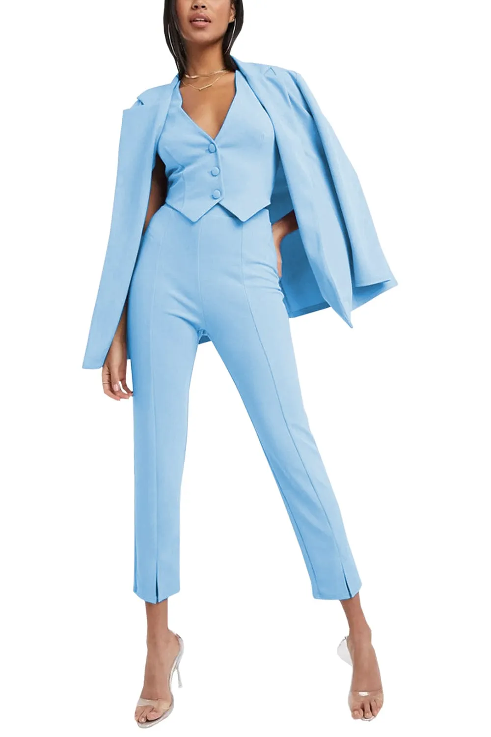 3 Piece Buttonless Peak Lapel Belted Waist Women's Suit (Blazer Vest Pants)