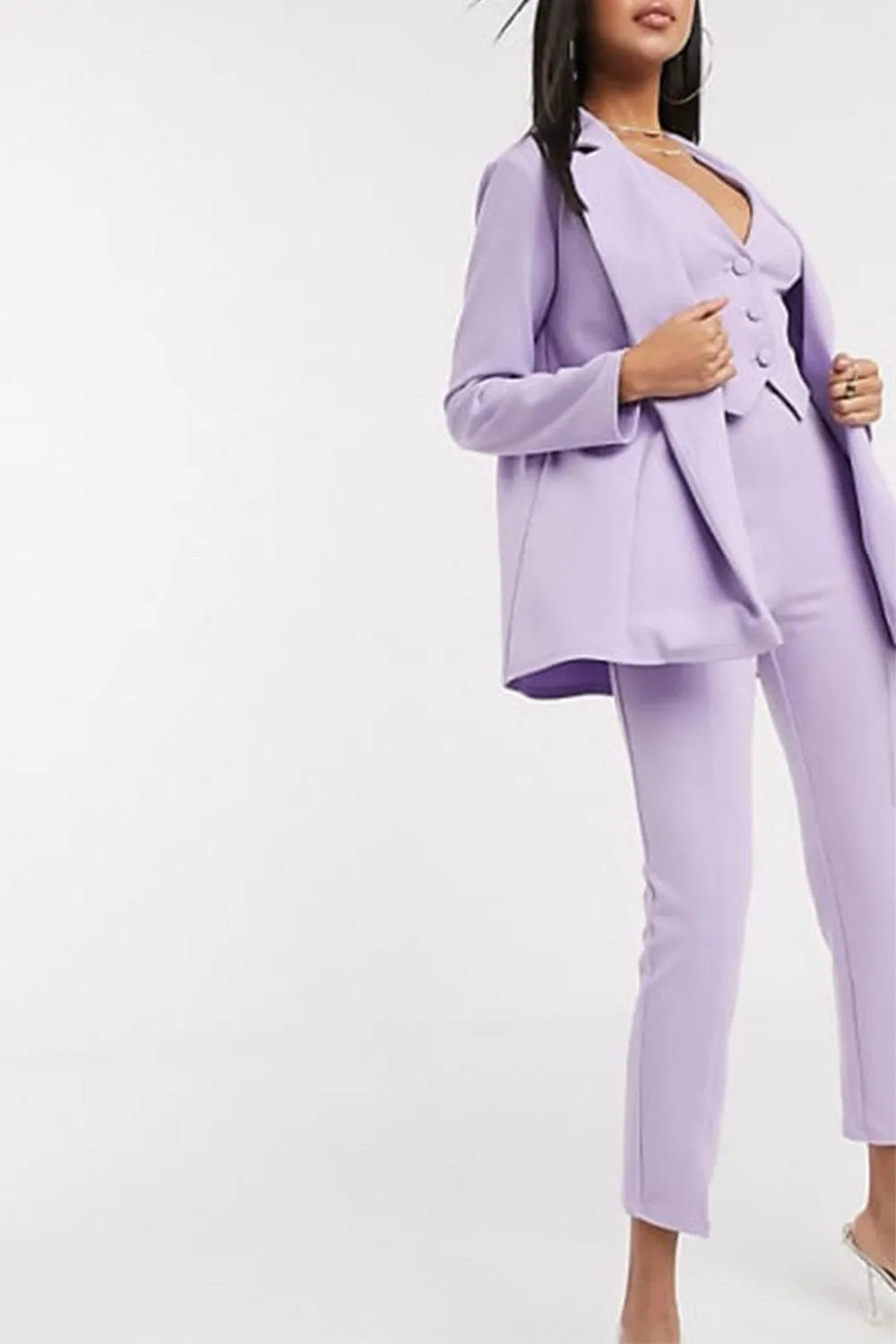 3 Piece Buttonless Peak Lapel Belted Waist Women's Suit (Blazer Vest Pants)