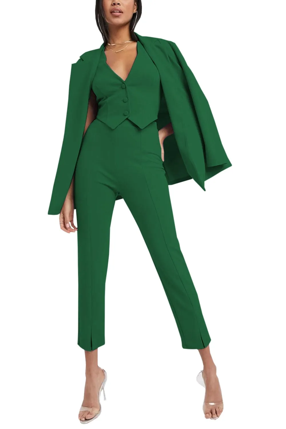 3 Piece Buttonless Peak Lapel Belted Waist Women's Suit (Blazer Vest Pants)