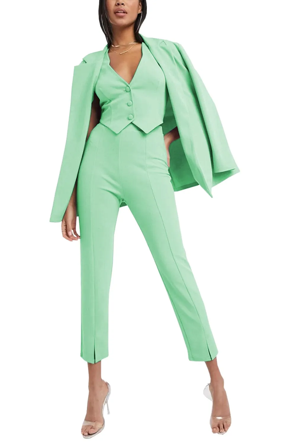 3 Piece Buttonless Peak Lapel Belted Waist Women's Suit (Blazer Vest Pants)