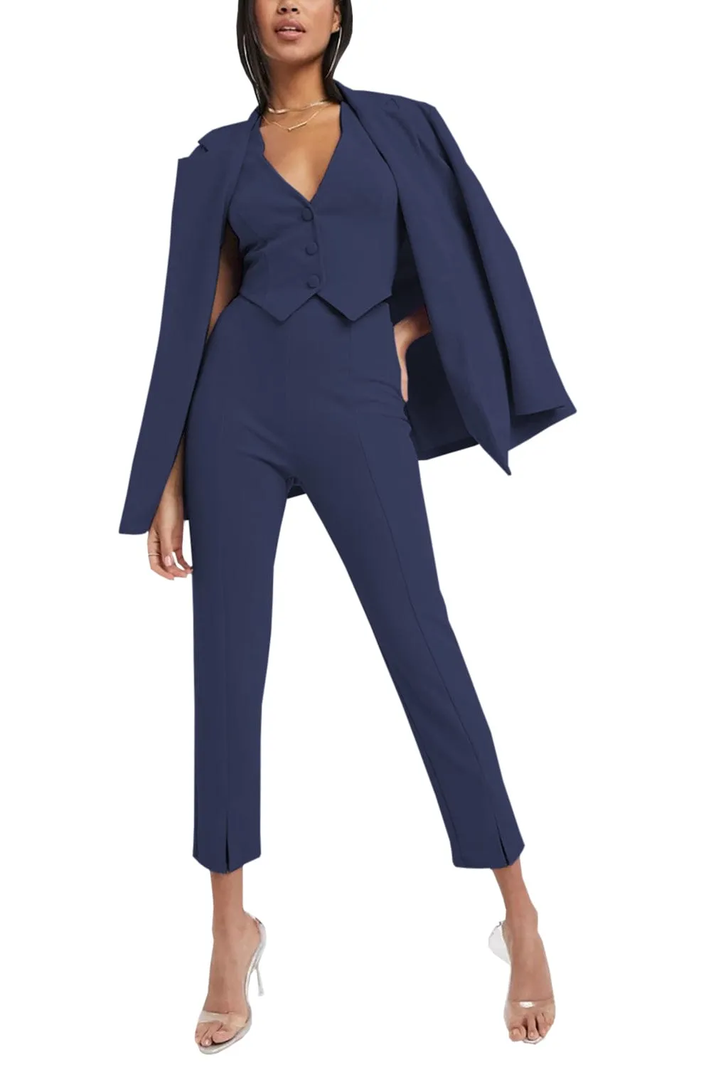 3 Piece Buttonless Peak Lapel Belted Waist Women's Suit (Blazer Vest Pants)