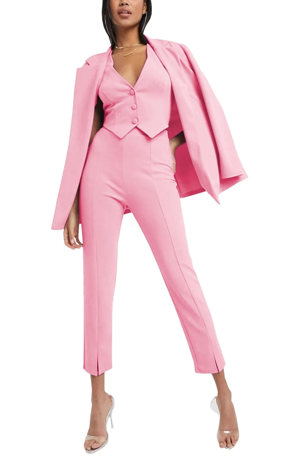 3 Piece Buttonless Peak Lapel Belted Waist Women's Suit (Blazer Vest Pants)