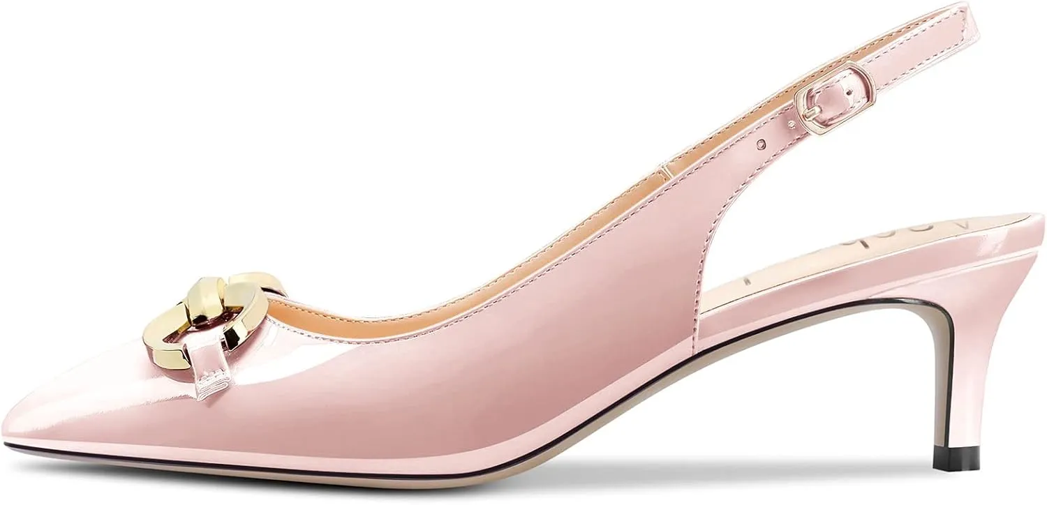Aachcol Women Stiletto Mid Low Kitten Heel Pumps Backstrap Ankle Strap Slingback Pointed Toe Dress Shoes Office Party Wedding Patent 2 Inch
