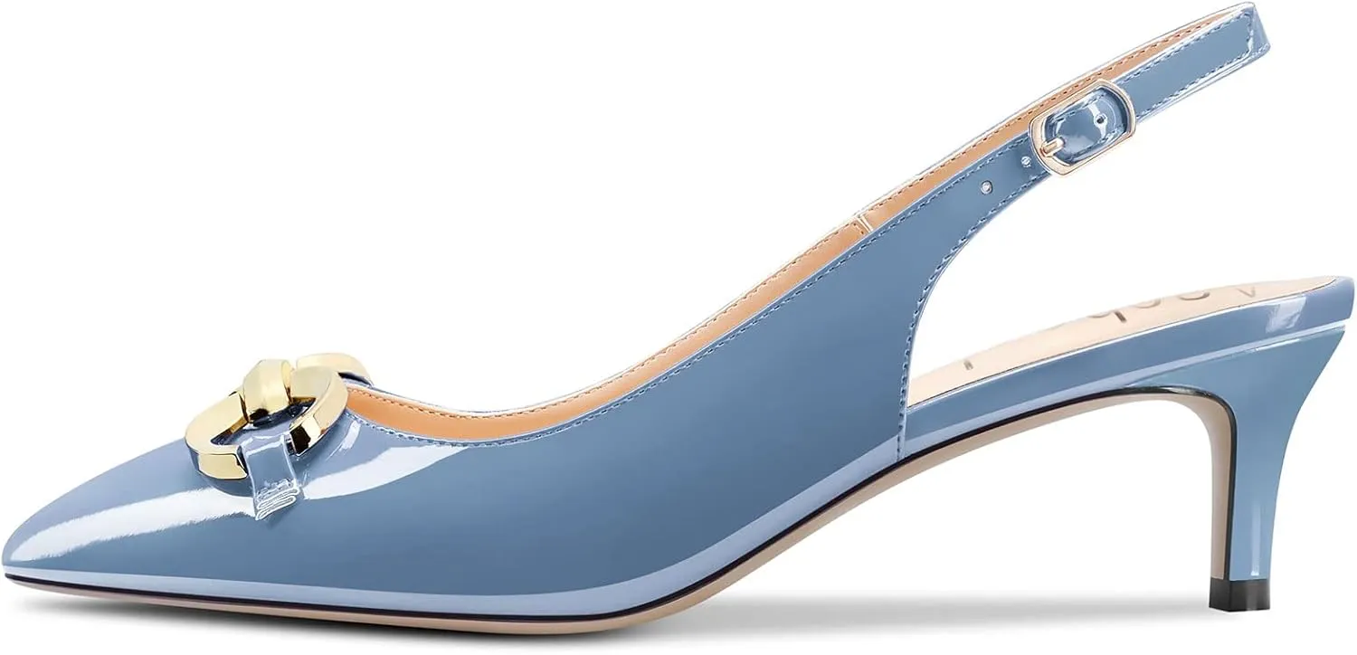 Aachcol Women Stiletto Mid Low Kitten Heel Pumps Backstrap Ankle Strap Slingback Pointed Toe Dress Shoes Office Party Wedding Patent 2 Inch