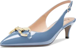 Aachcol Women Stiletto Mid Low Kitten Heel Pumps Backstrap Ankle Strap Slingback Pointed Toe Dress Shoes Office Party Wedding Patent 2 Inch