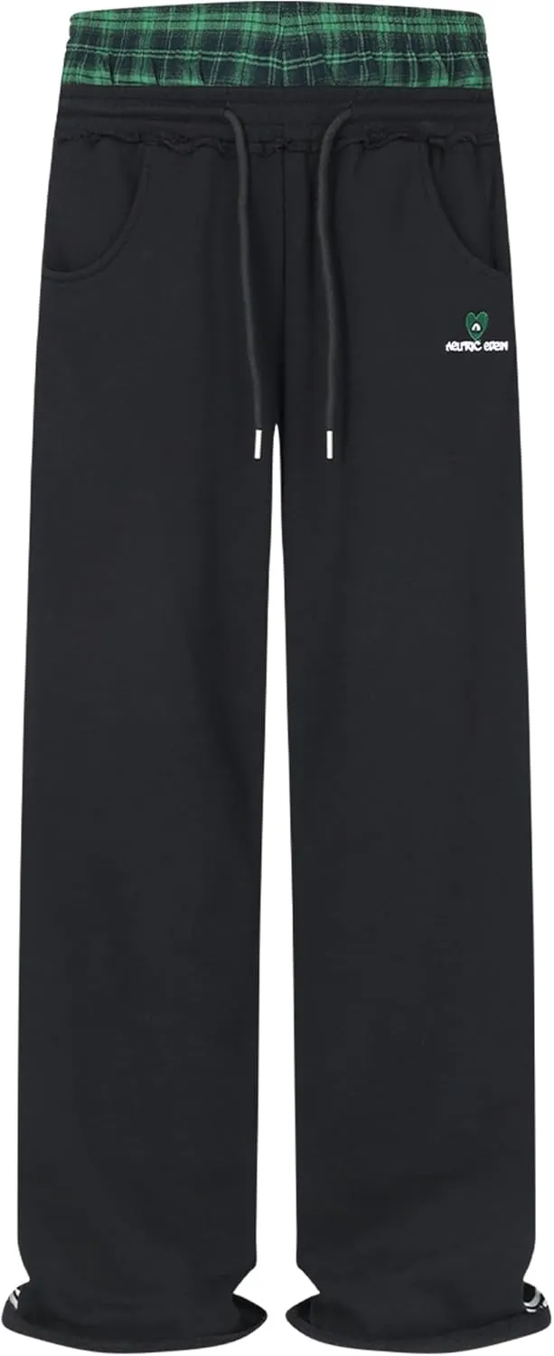 Aelfric Eden Baggy Wide Leg Sweatpants for Women Plaid Patchwork Sweat Pants Loose Long Pants with Pockets