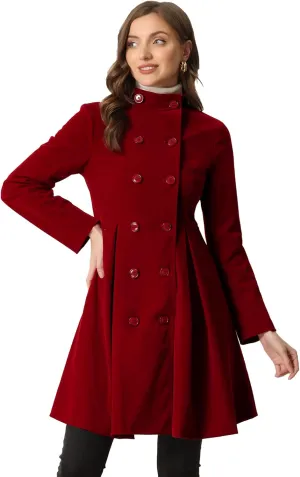 Allegra K Velvet A-Line Coat for Women's Christmas Double Breasted Winter Swing Coats