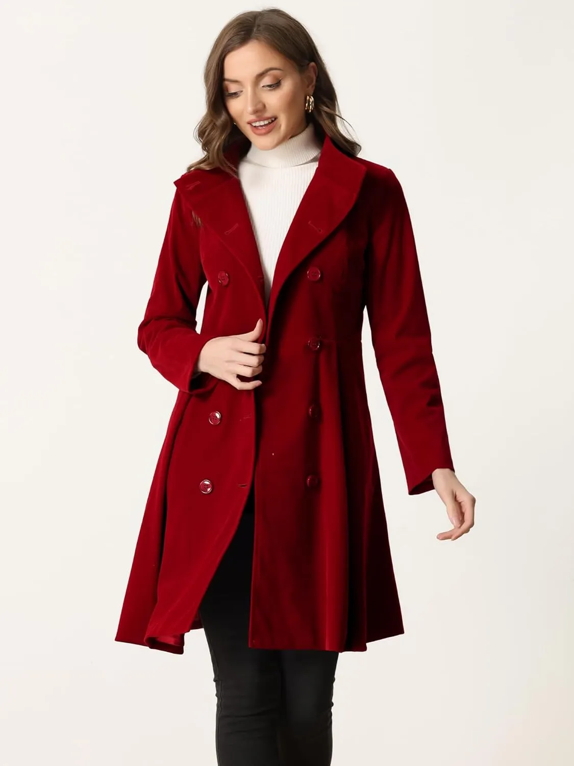 Allegra K Velvet A-Line Coat for Women's Christmas Double Breasted Winter Swing Coats