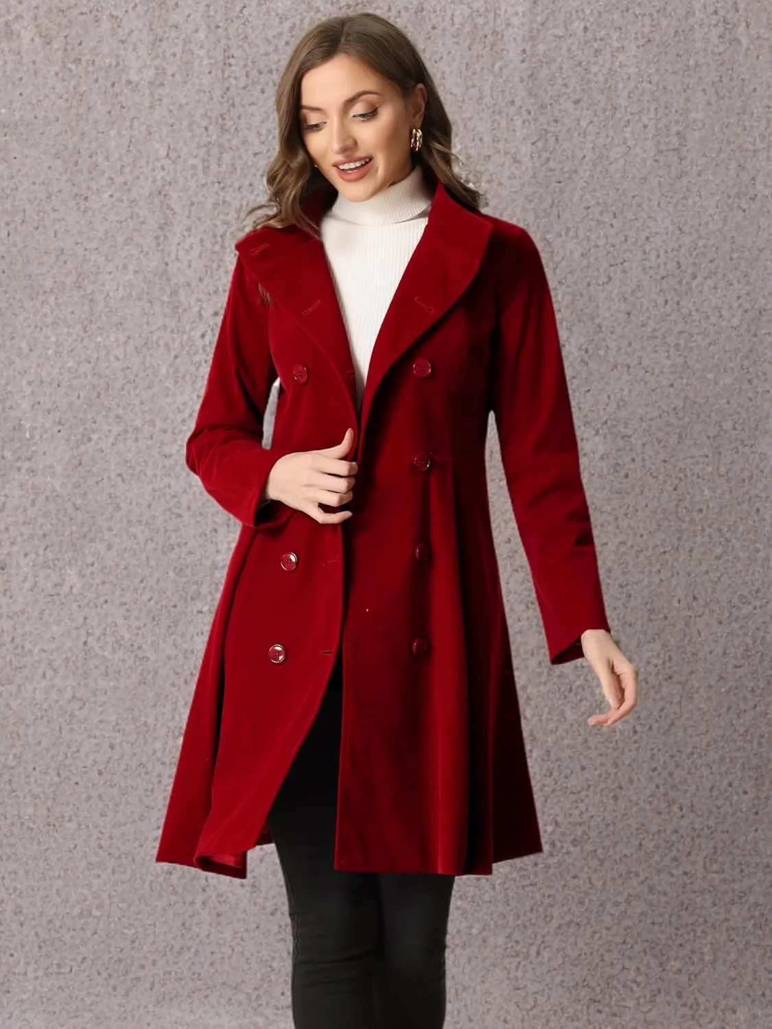 Allegra K Velvet A-Line Coat for Women's Christmas Double Breasted Winter Swing Coats