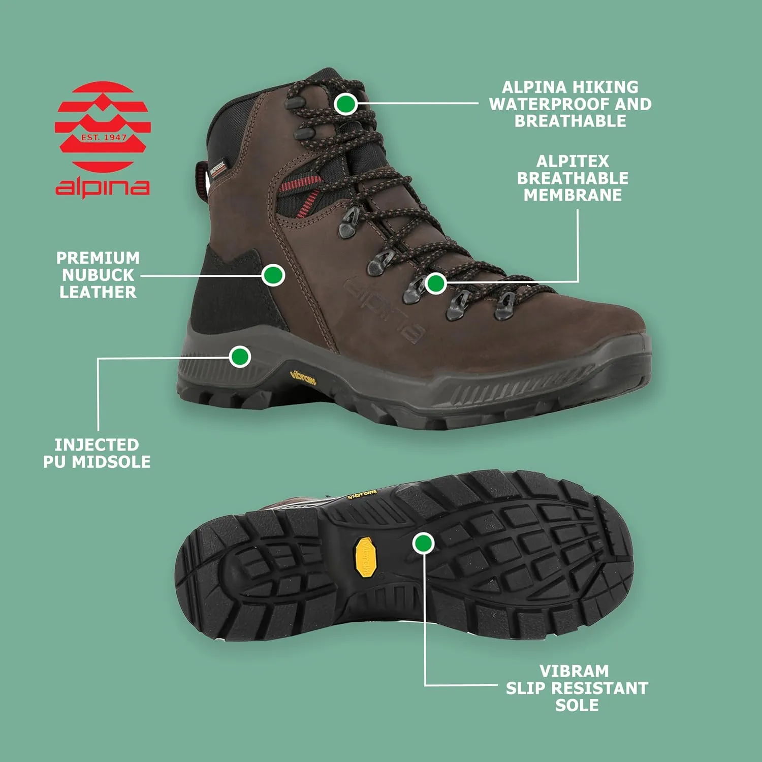 Alpina PRIMA Premium Men's Waterproof Boots | Leather Ankle High | Breathable Membrane | Vibram | All Weather Shoes | Made in Europe