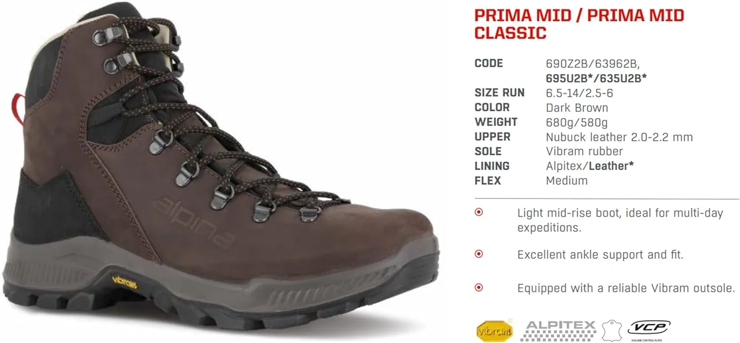 Alpina PRIMA Waterproof Hiking Work Boots | Classic Full Leather Ankle High | Breathable Membrane | Vibram | All Weather Shoes | Men's or Women's | Made in Europe
