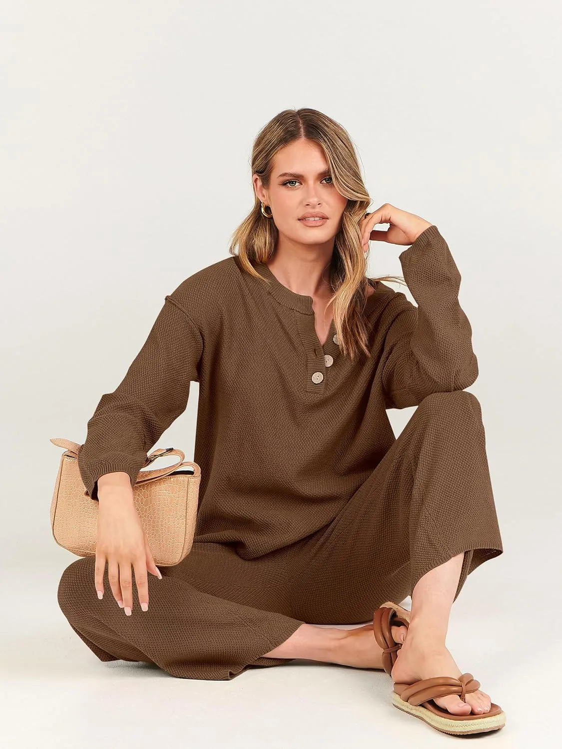 ANRABESS Women 2 Piece Outfits Oversized Loose Waffle Knit Sweater Set 2025 Fall Trendy Matching Lounge Sets Cozy Clothes