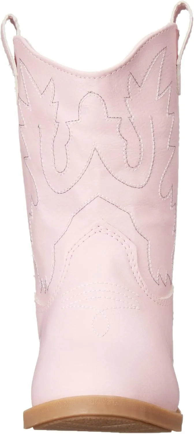 Baby Deer, Faux-leather, Rubber-soled, Kids Pointed Toe Western Boot for Boy or Girl Children with Ornamental Cowboy Stitching