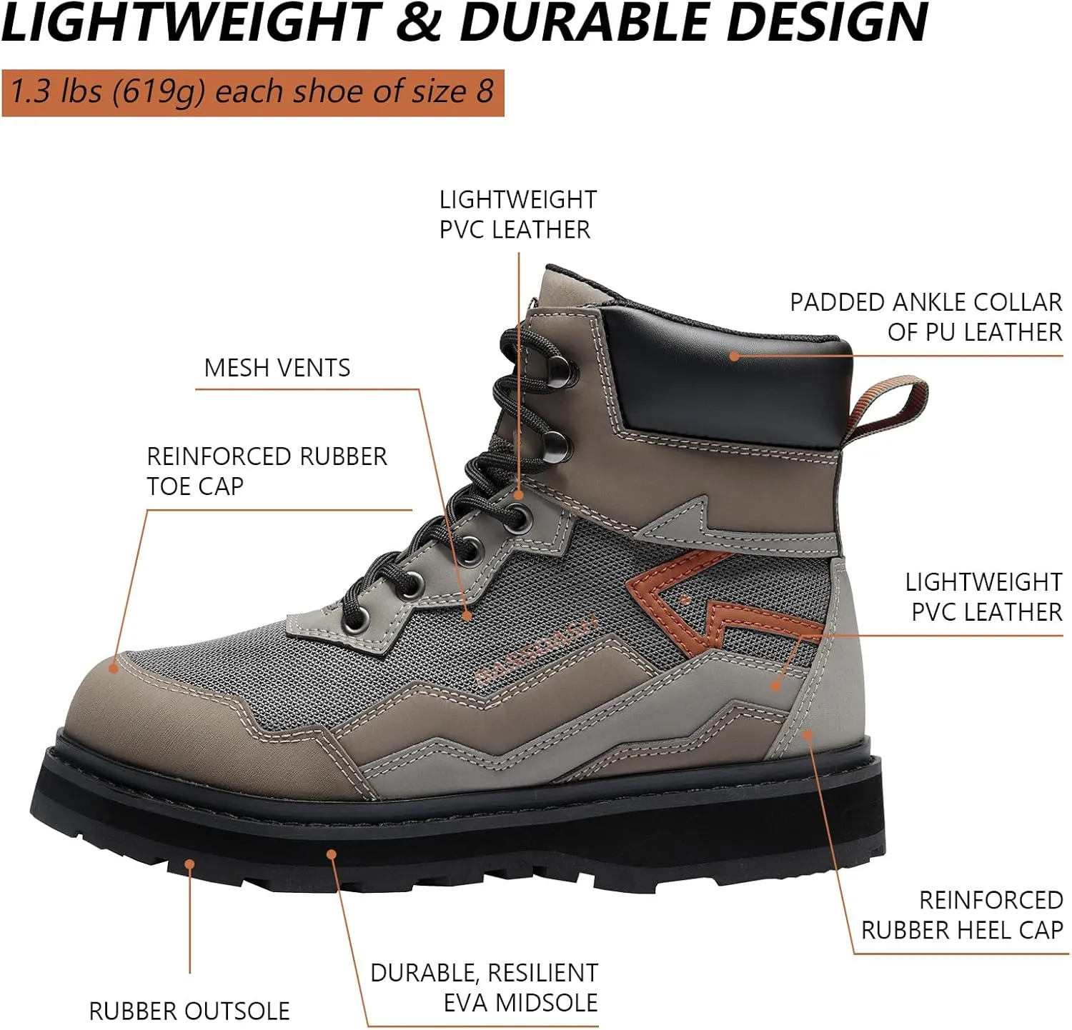 BASSDASH IMMERSE Men’s Wading Boots Breathable Mesh Lightweight Anti-Slip Rubber Sole for Fly Fishing