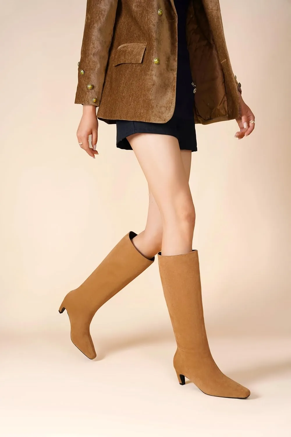 Beauty Cry Knee High Boots Women Square Toe Low Kitten Heel Tall Boots