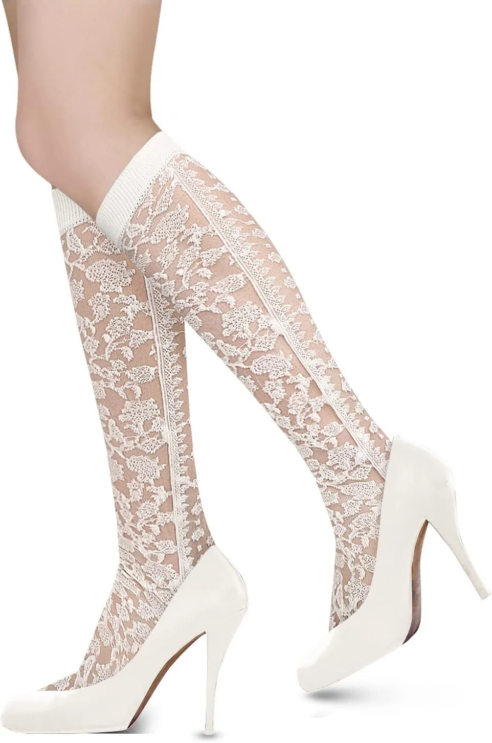 Benefeet Sox Womens Lace Knee High Socks Girls Nylon Knee Highs Sexy Sheer Trouser Socks Black White Mesh Fishnet Stockings
