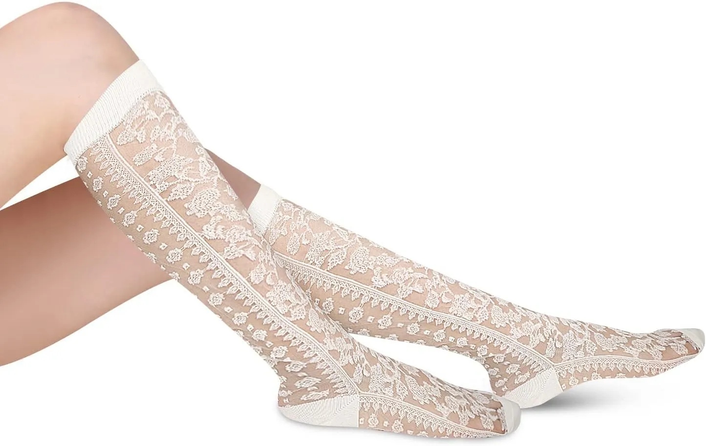 Benefeet Sox Womens Lace Knee High Socks Girls Nylon Knee Highs Sexy Sheer Trouser Socks Black White Mesh Fishnet Stockings