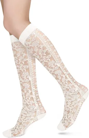 Benefeet Sox Womens Lace Knee High Socks Girls Nylon Knee Highs Sexy Sheer Trouser Socks Black White Mesh Fishnet Stockings