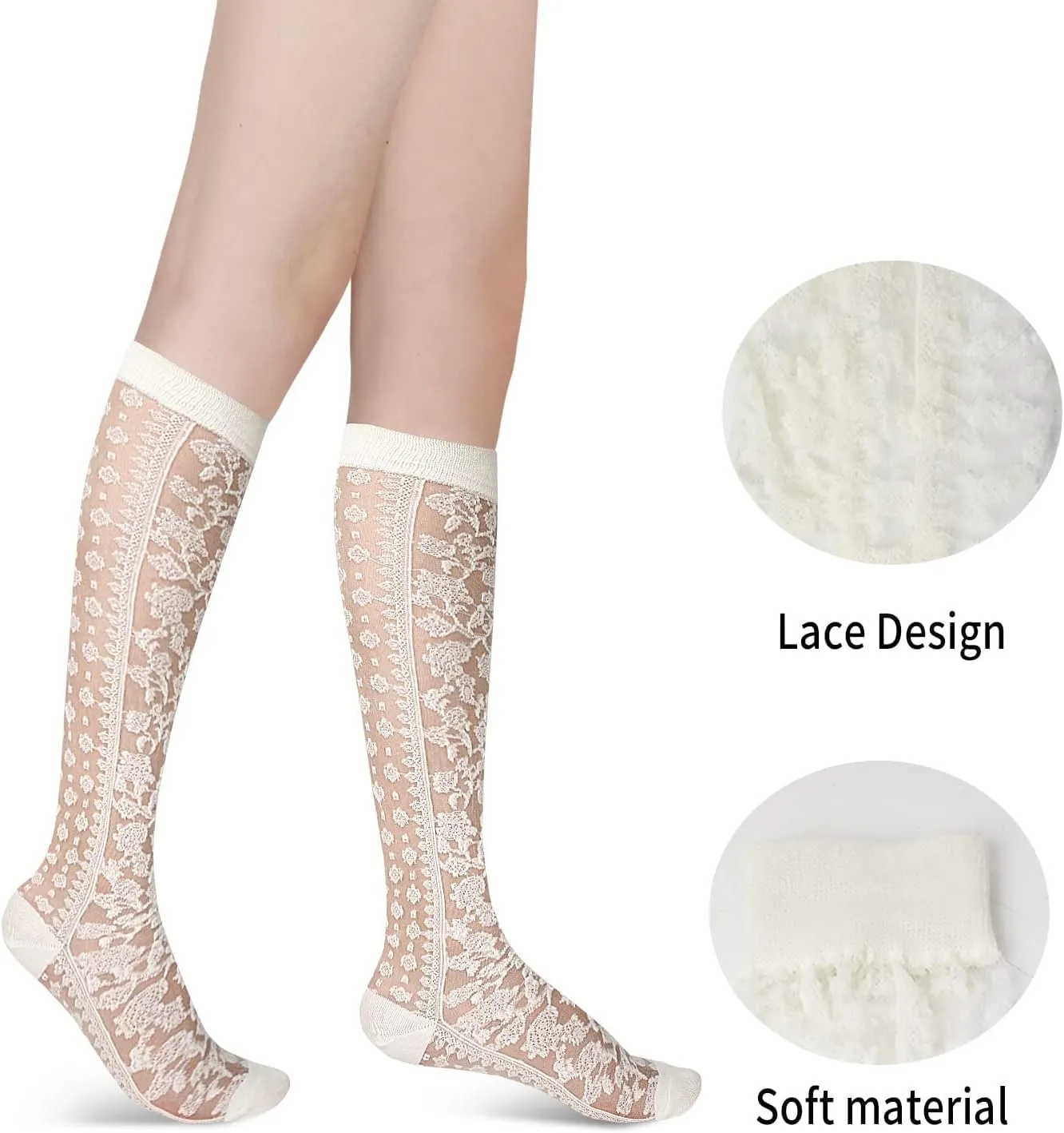 Benefeet Sox Womens Lace Knee High Socks Girls Nylon Knee Highs Sexy Sheer Trouser Socks Black White Mesh Fishnet Stockings