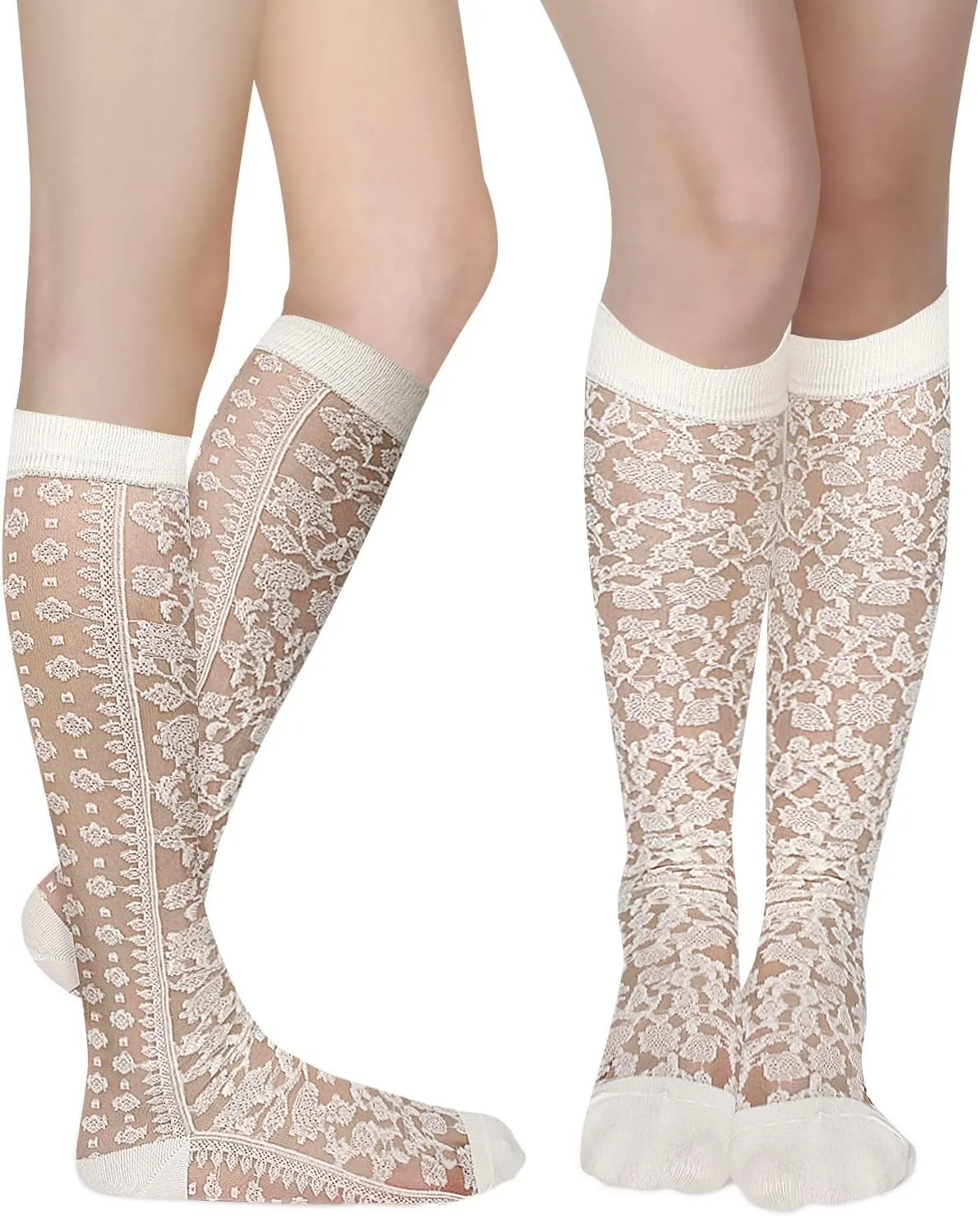 Benefeet Sox Womens Lace Knee High Socks Girls Nylon Knee Highs Sexy Sheer Trouser Socks Black White Mesh Fishnet Stockings