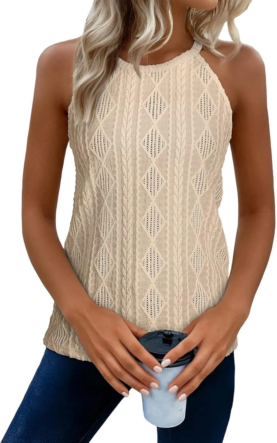 BLENCOT Tanks Tops for Women Trendy 2025 Spring Summer Casual Sleeveless Eyelet Basic Textured Halter Neck T Shirts