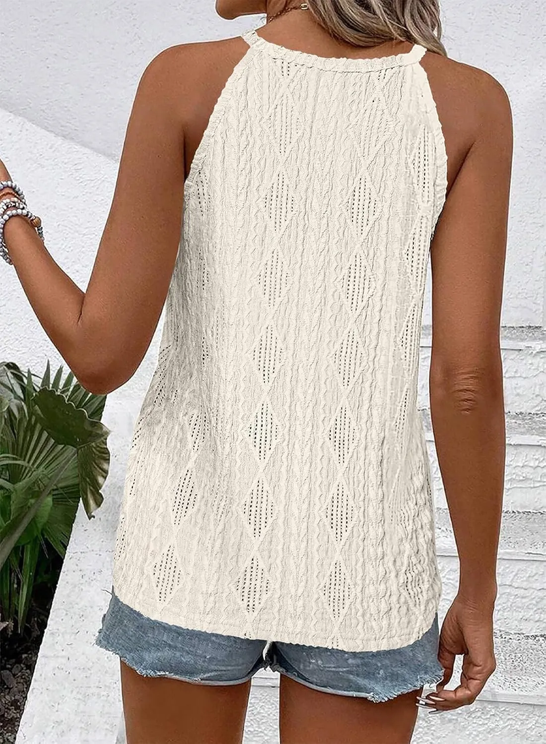 BLENCOT Tanks Tops for Women Trendy 2025 Spring Summer Casual Sleeveless Eyelet Basic Textured Halter Neck T Shirts