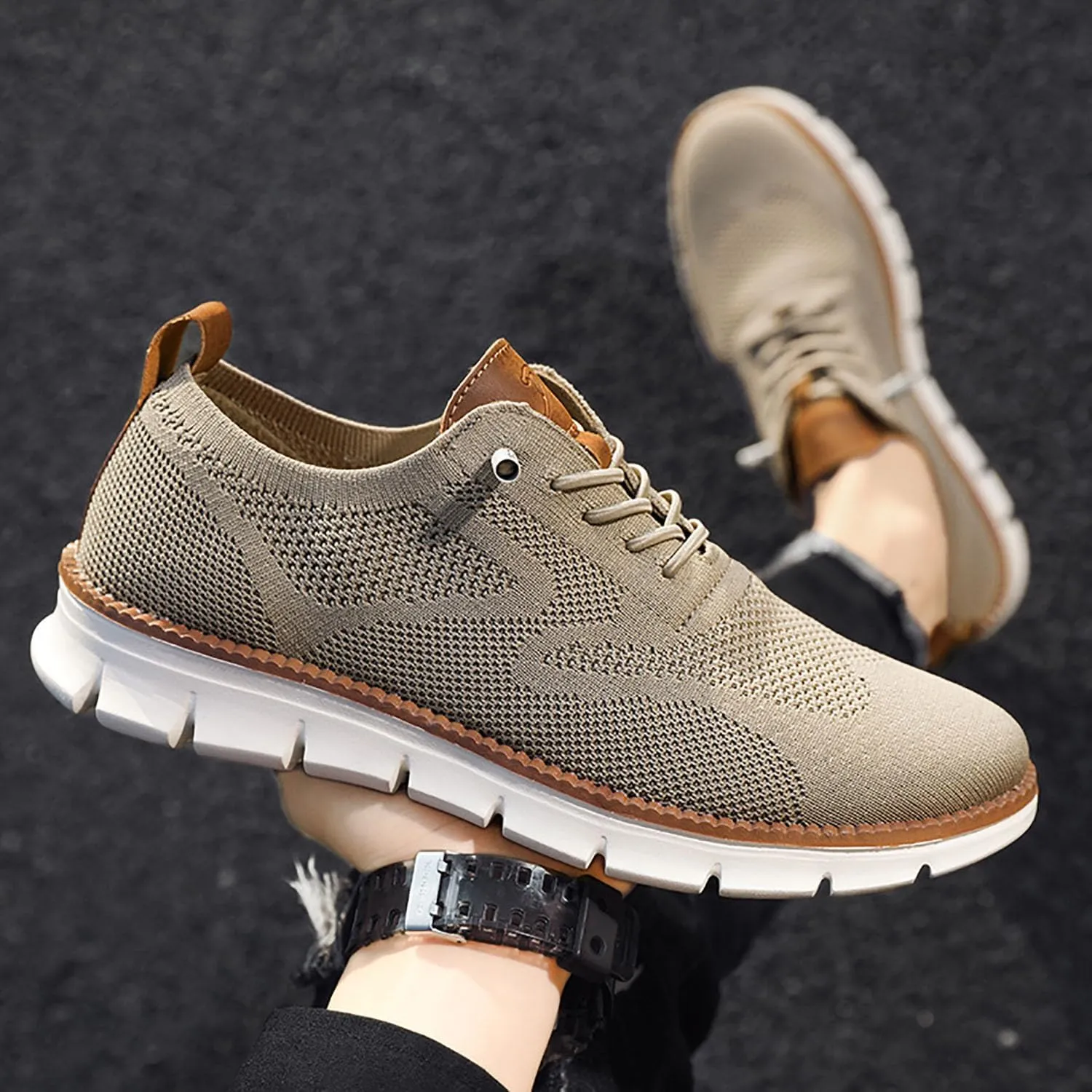 Breeze Men's Urban Ultra Comfortable Mesh Dress Sneakers - Business Casual Walking Shoes (Khaki, 11.5)