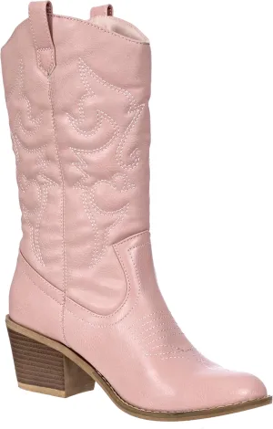 Charles Albert Cowboy Boots for Women Mid-Calf Boot Embroidered Stiching Western Cowgirl Boots Low Stacked Heel