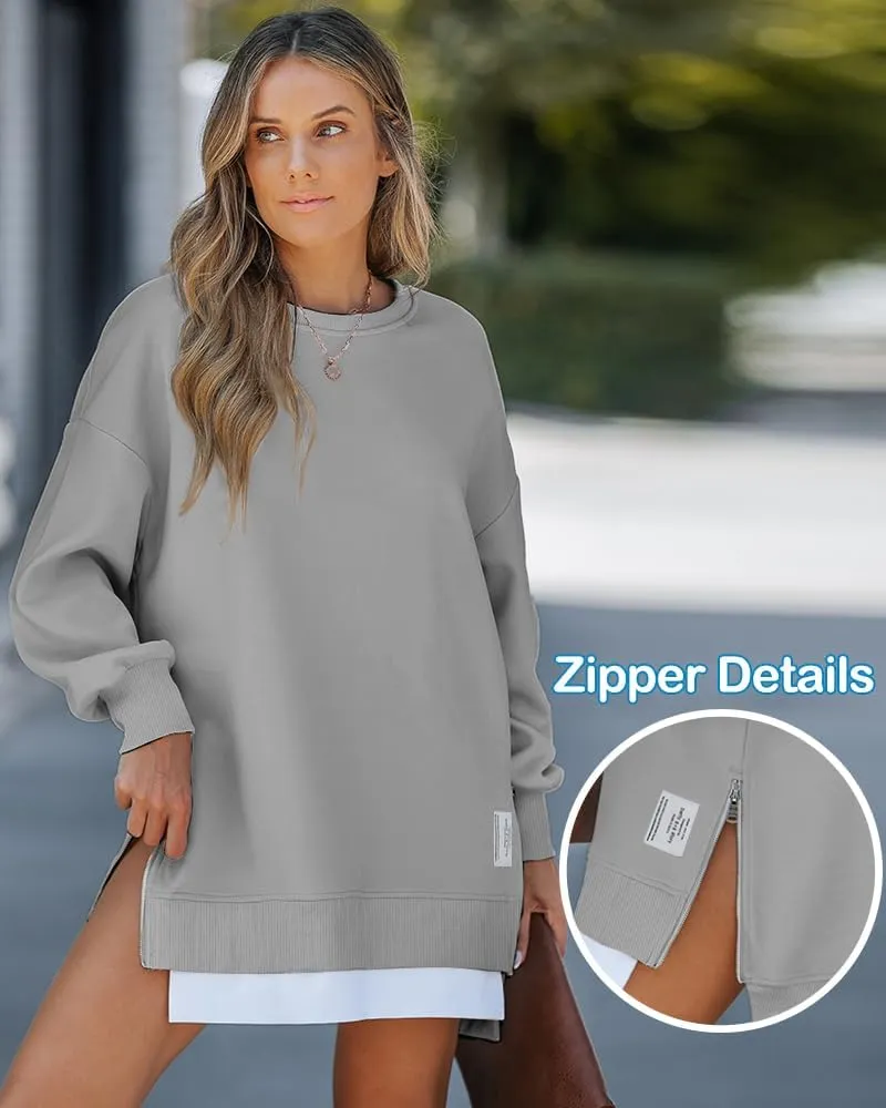 CHICME Womens Long Sleeve Zipper Slit Oversized Sweatshirt Casual Pullover Zipper Hoodies