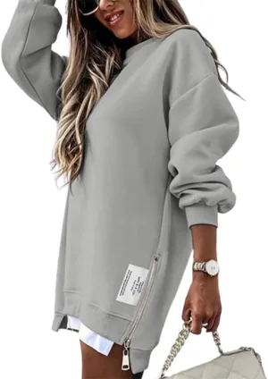 CHICME Womens Long Sleeve Zipper Slit Oversized Sweatshirt Casual Pullover Zipper Hoodies