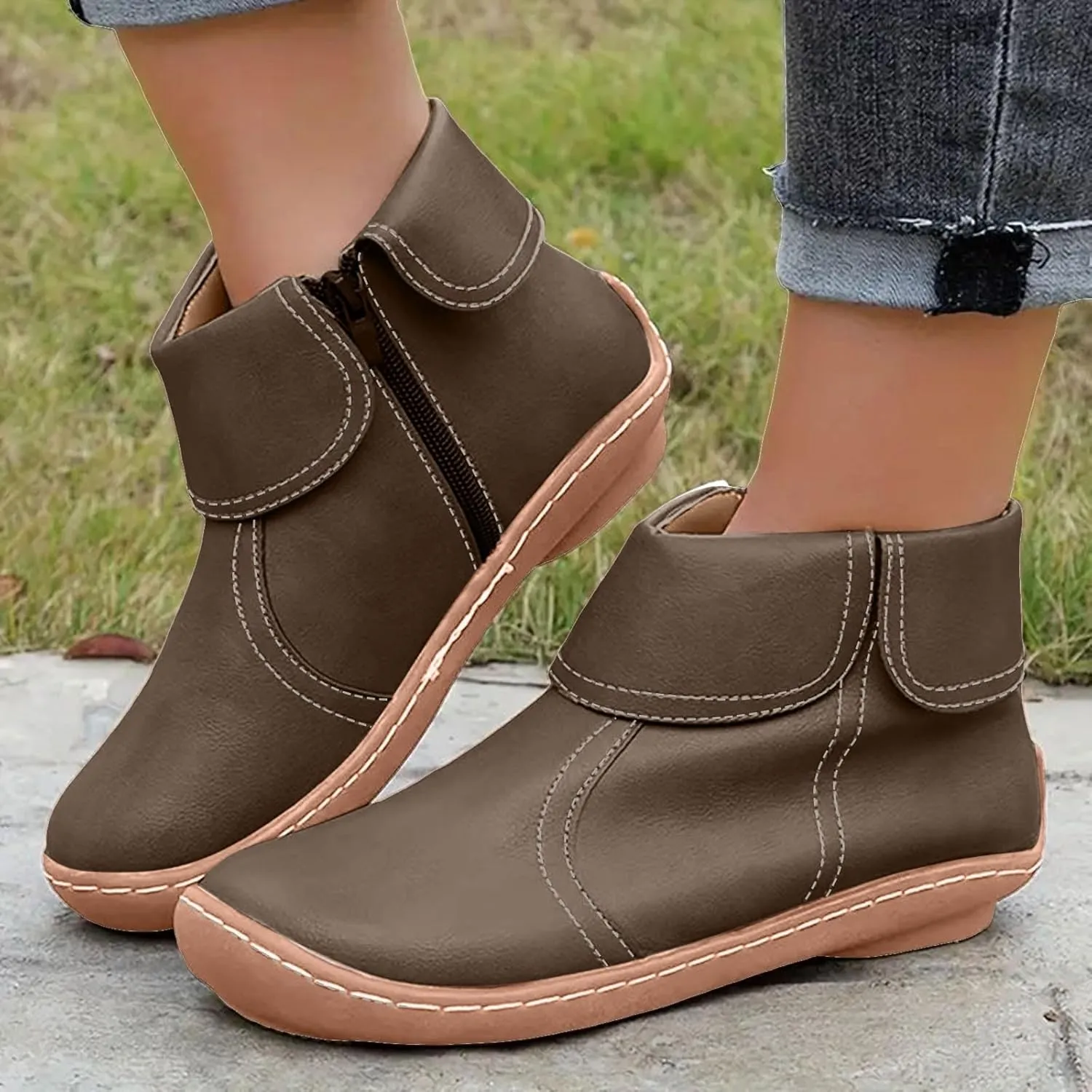 Comfortable Boots for Women Walking Leather Women Ankle Boot Comfy Fashion Round Toe Soft Sole Flat Rubble Women Boot