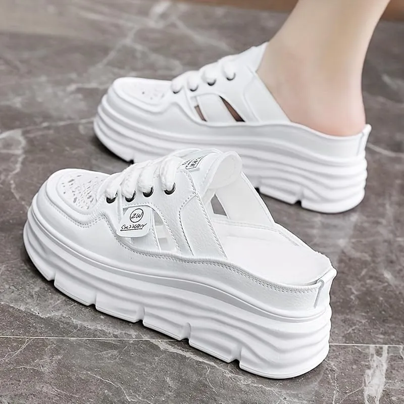 Comfortable Breathable Women's Mule Sneakers, Casual Cutout Design Lace Up Summer Shoes